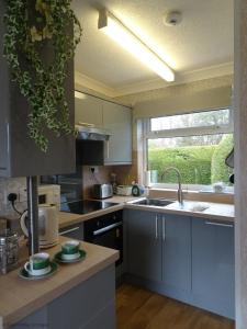 a kitchen with blue cabinets and a sink and a window at 35 Siesta Mar in Mundesley