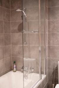 a shower with a glass door in a bathroom at Apartament Centrum Legnicy Janson in Legnica