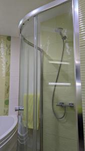 サンダンスキにあるPanoramic Apartmentのバスルーム(ガラスドア付きのシャワー付)