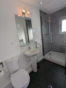a bathroom with a toilet and a sink and a shower at The Seal in Selsey