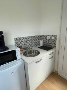 una pequeña cocina con fregadero y microondas en Studio 2 personnes - Bouleries Jump - 24H du Mans, en Parence