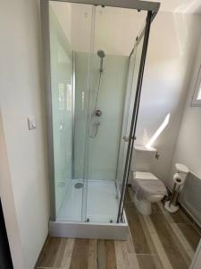 a glass shower in a bathroom with a toilet at Studio 2 personnes - Bouleries Jump - 24H du Mans in Parence