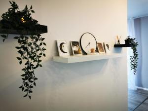 een plank met foto's en een klok aan de muur bij Serenity Suite in Sinaia