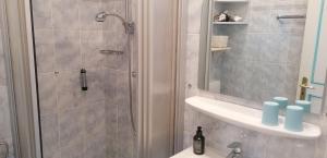 ヴェスターラントにあるSylter-Spatzのバスルーム(シャワー、洗面台、トイレ付)