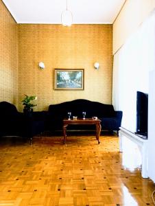 een woonkamer met een bank en een tafel bij Charm & Comfort near Petralona station in Athene