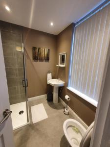 La salle de bains est pourvue d'une douche, de toilettes et d'un lavabo. dans l'établissement The Savile, Luxury Apartment Leeds - Your Next Stay, à Leeds