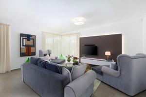 ein Wohnzimmer mit 2 Sofas und einem TV in der Unterkunft Villa Damian in Rajki