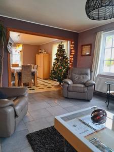 una sala de estar con un árbol de Navidad en la esquina en Gîte Wibrin-Achouffe, en Houffalize