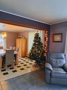 una sala de estar con un árbol de Navidad y una mesa en Gîte Wibrin-Achouffe, en Houffalize