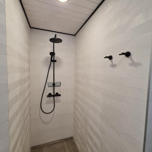 a shower in a bathroom with two shower heads at Iso-Syöte Villa Remo in Syöte +7 photos