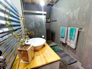 a bathroom with a white sink and a shower at Duiker's self catering Accommodation in Askham