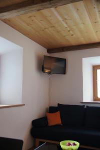 a living room with a black couch and a flat screen tv at Chasa Pro La Tuor Pitschna in Ardez