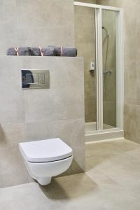 La salle de bains est pourvue d'une douche et de toilettes blanches. dans l'établissement Top Loft Znana, à Varsovie