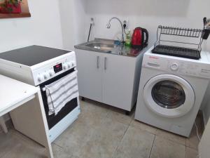 a kitchen with a washing machine and a sink at Bucuresti Bucuresti Hostel in Bucharest