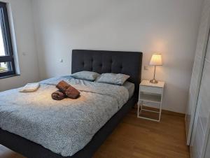 - une chambre avec un grand lit et une table de nuit dans l'établissement 1 Bedroom Apartment with Garage & Outdoor Area in Kirchberg, à Luxembourg