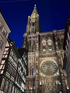 um grande edifício com uma torre de relógio à noite em Les toits de Gutenberg em Estrasburgo