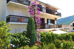 a building with purple flowers on the side of it at Petra Apartment in Split