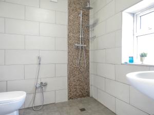 a bathroom with a shower and a toilet and a sink at Tudors eSuites Central Five Bedroom House in Birmingham