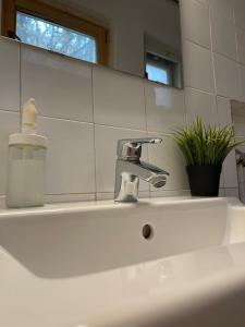 a bathroom sink with a soap dispenser and a mirror at Rustic Cottage & Garden Retreat on Buda Hilltop in Budapest