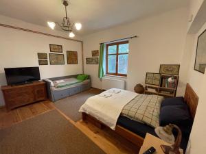 Rustic Cottage & Garden Retreat on Buda Hilltop في بودابست: غرفة نوم بسرير وتلفزيون بشاشة مسطحة