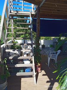 una escalera con plantas y una silla en un patio en red moon en Santa Marta