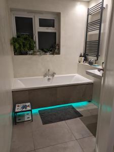 Cosy Garden View Room في إيست غرينستيد: حمام مع حوض استحمام مع إضاءة زرقاء