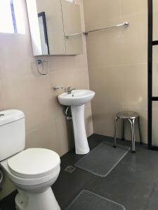 a bathroom with a toilet and a sink at Shrivasta Cottages in Abu