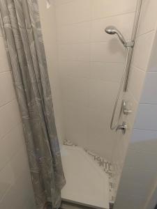 a shower with a shower curtain in a bathroom at A perfect option for people who want to enjoy their stay in Kosice in Košice +14 photos