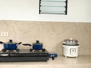 a stove top with two pots and a slow cooker at Shrivasta Cottages in Abu