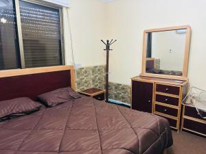 伊爾比德的住宿－شقه للأيجار في منطقه الراهبات الورديه，一间卧室配有一张床、梳妆台和镜子
