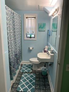 ein Badezimmer mit Waschbecken, Toilette und Spiegel in der Unterkunft Beach Side Studio #1 apts in North Camellia Acres