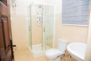 W łazience znajduje się prysznic, toaleta i umywalka. w obiekcie VelvetRose Cottage w mieście Araromi