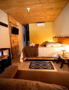 a bedroom with a large bed with a wooden ceiling at Pousada Nó de Pinho in Urubici