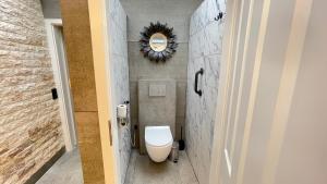 ein Bad mit einem WC und einem Wandspiegel in der Unterkunft Suites Aix la Chapelle, Exclusive Apartments, Wellness and more, Aachen City in Aachen
