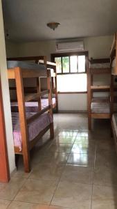 ボンビーニャスにあるHostel Bombinhasの二段ベッド数組、窓が備わる客室です。