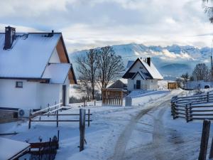 wioska w śniegu z górami w tle w obiekcie Galicówka na Górce Domki w Białym Dunajcu