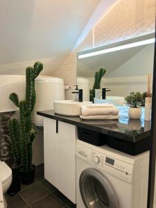 ein Badezimmer mit einer Waschmaschine und einem Waschbecken in der Unterkunft Appart' Studio cooconing - Champs Elysées - JO 2024 in Maisons-Laffitte