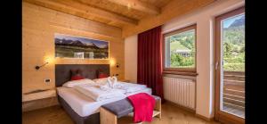 1 dormitorio con 1 cama en una habitación con 2 ventanas en Villa Anita San Vigilio di Marebbe, en San Vigilio Di Marebbe