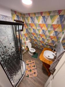 een badkamer met een douche, een toilet en een wastafel bij Artarica in Călugăreni