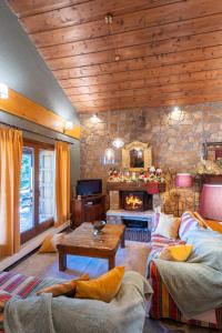 uma sala de estar com um sofá e uma lareira em Dandy on the hill Chalet Artemis - Fir Forest - Jeep & Nature Lovers em Eptalofos