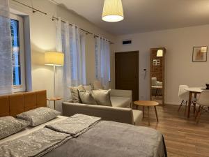 een slaapkamer met een bed, een bank en een tafel bij Apartamenty Ceglane in Toruń