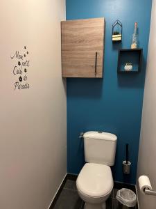 ein Bad mit einem WC und einer blauen Wand in der Unterkunft Magnifique vue mer - Tout confort in Pléneuf-Val-André
