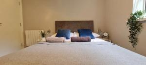 um quarto com uma cama grande e almofadas azuis em Blima Central Rooms em Dublin