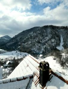 ein schneebedecktes Dach eines Hauses mit einem Berg in der Unterkunft Mountain house Potkovica in Lazići