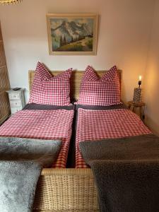 two beds with red and white checkered pillows at Höri-glück in Öhningen