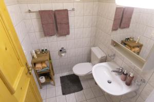 a bathroom with a white toilet and a sink at Chasa Grusaida, Vulpera in Vulpera