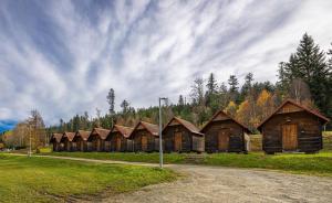 a row of wooden cabins in a field at Camping Železná Ruda in Železná Ruda