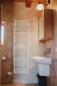 La salle de bains est pourvue d'un lavabo et d'une étagère blanche. dans l'établissement Krásný srub na jihu Brna, à Želešice