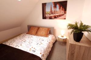 ein Schlafzimmer mit einem Bett und einer Topfpflanze in der Unterkunft App 4 - T3 Calme et Spacieux Hyper Centre 5 min gare in Évreux