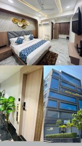Hotel Marigold Naroda في أحمد آباد: غرفه فندقيه بسرير ومبنى